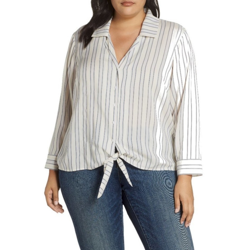 1.STATE Striped Button-down Tie-Front Shirt Womens 1X Boho Retro 90s Cottagecore